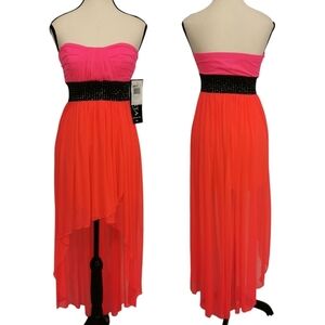 NWT Roberta Strapless High-Low Chiffon Maxi Dress in Pink/Black/Coral - Sz XS